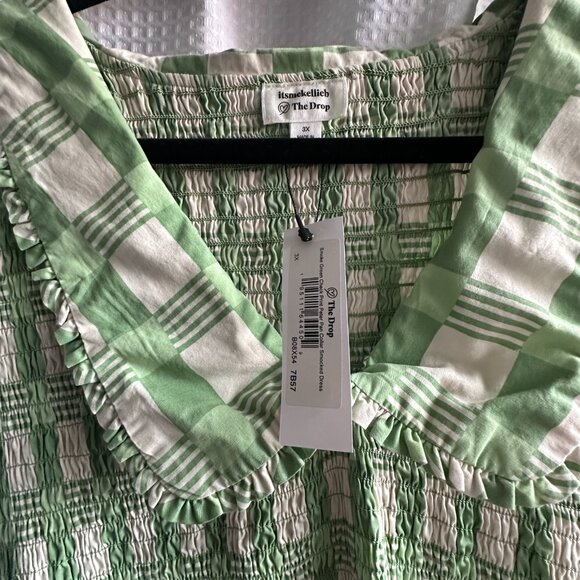 Plus Size Green Plaid Cheques Peter Pan Collar Smocked Dress - Picture 8 of 8